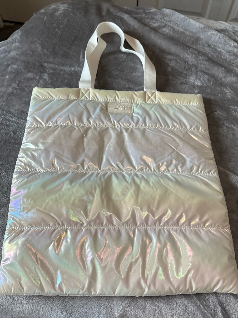 Bath & Body Works Quilted Puff Iridescent White Shoulder Tote Bag 17”X 19” GUC
